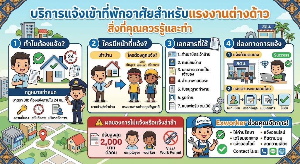 ແຈ້ງທີ່ພັກແຮງງານຕ່າງດ້າວ ຕາມມາດຕາ 38 ພາຍໃນ 24 ຊົ່ວໂມງ