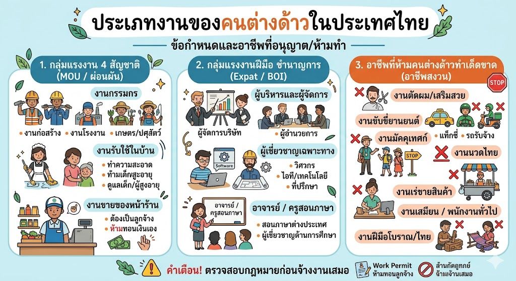 ประเภทงานคนต่างด้าว อาชีพที่ทำได้และข้อห้าม