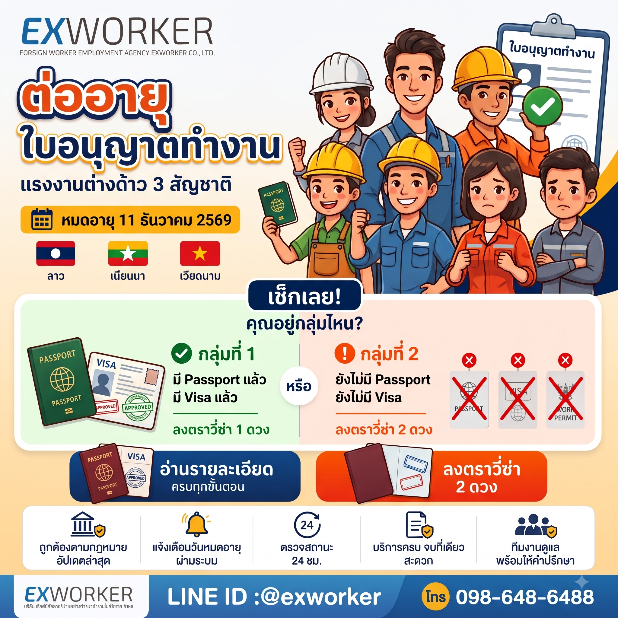 ຕໍ່ອາຍຸໃບອະນຸຍາດເຮັດວຽກແຮງງານຕ່າງດ້າວ ຍື່ນກ່ອນ 11 ທ.ວ. 2569